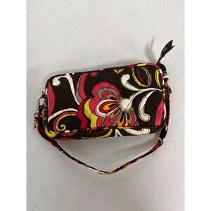 Vera Bradley Folkloric Quilted Cotton Wristlet Clutch Brown Red Floral‎ Bag